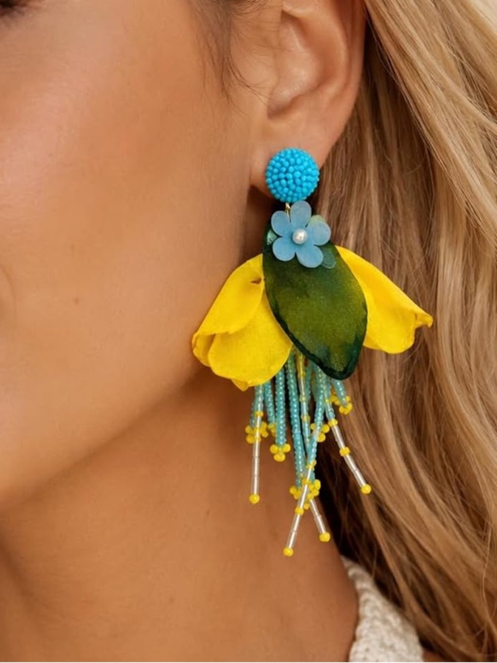 Turquoise, Yellow & Dark Green Floral Fringe Earrings